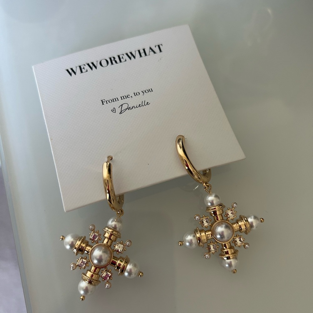 WeWoreWhat viral pearl rhinestone gold cross dangle earrings